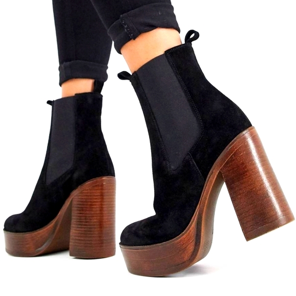 ASOS Shoes - ASOS Black Suede Wood Platform Heeled Chelsea Boot Size 9